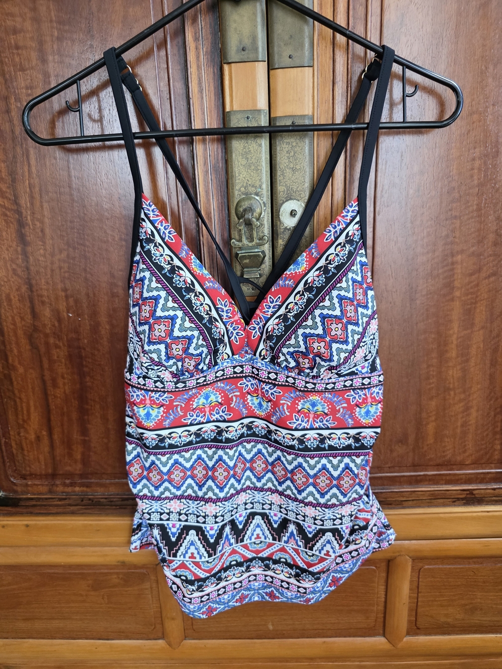 Kona Sol  Women's Tankini Swim Top in Red, Blue & Black Pattern